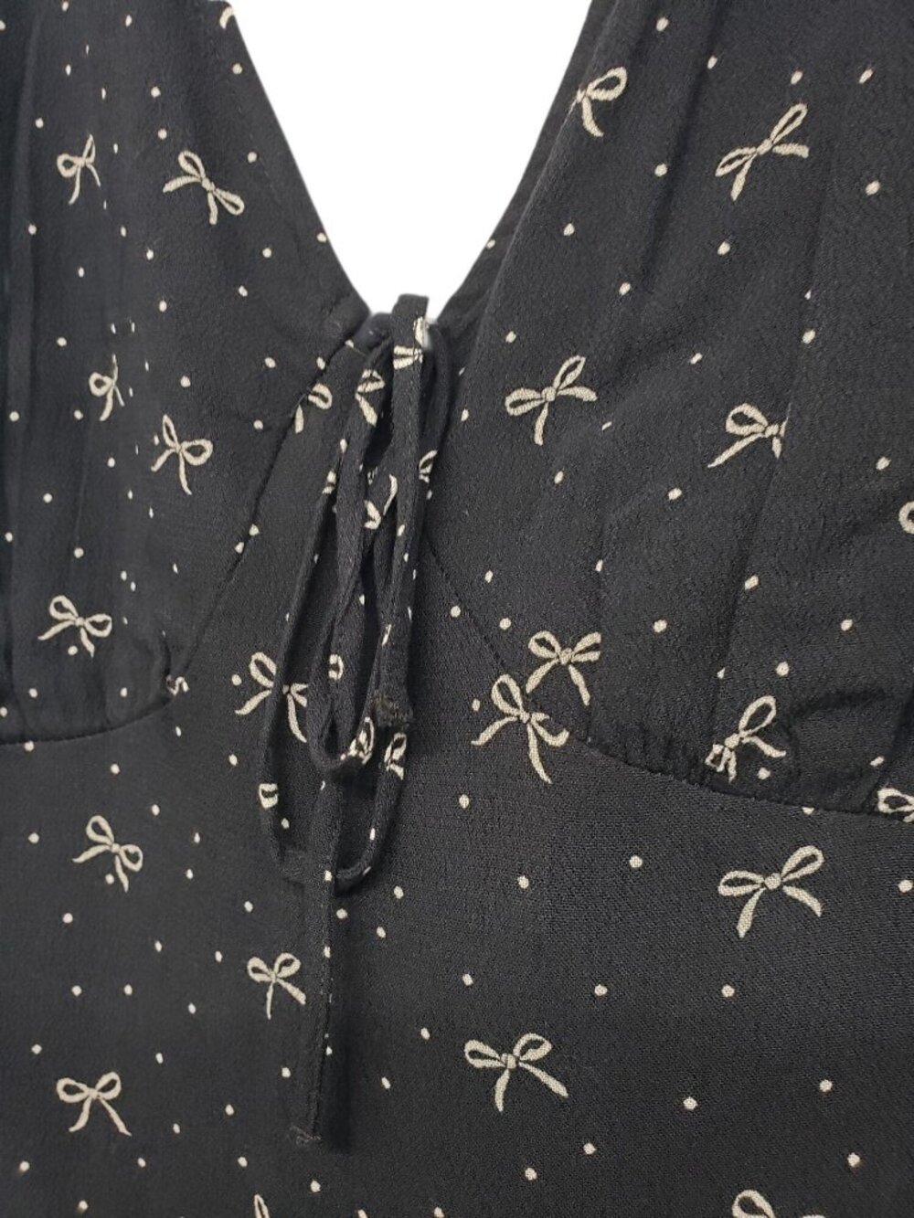American Eagle Long Bell Sleeve Romper 70s Black White Bow Print Twee Fall Prep - Picture 4 of 13